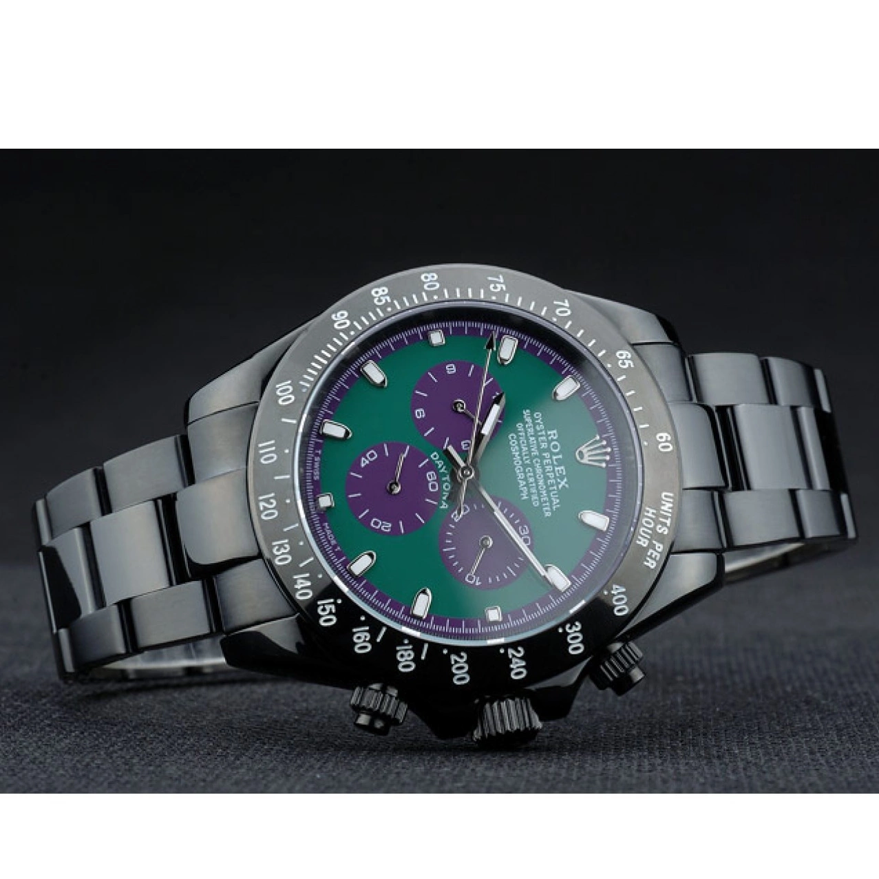 Aaa replica Plated Steel Daytona Stainless 80246 Black Rolex Ion Black Tachymeter Green Strap Dial 0710